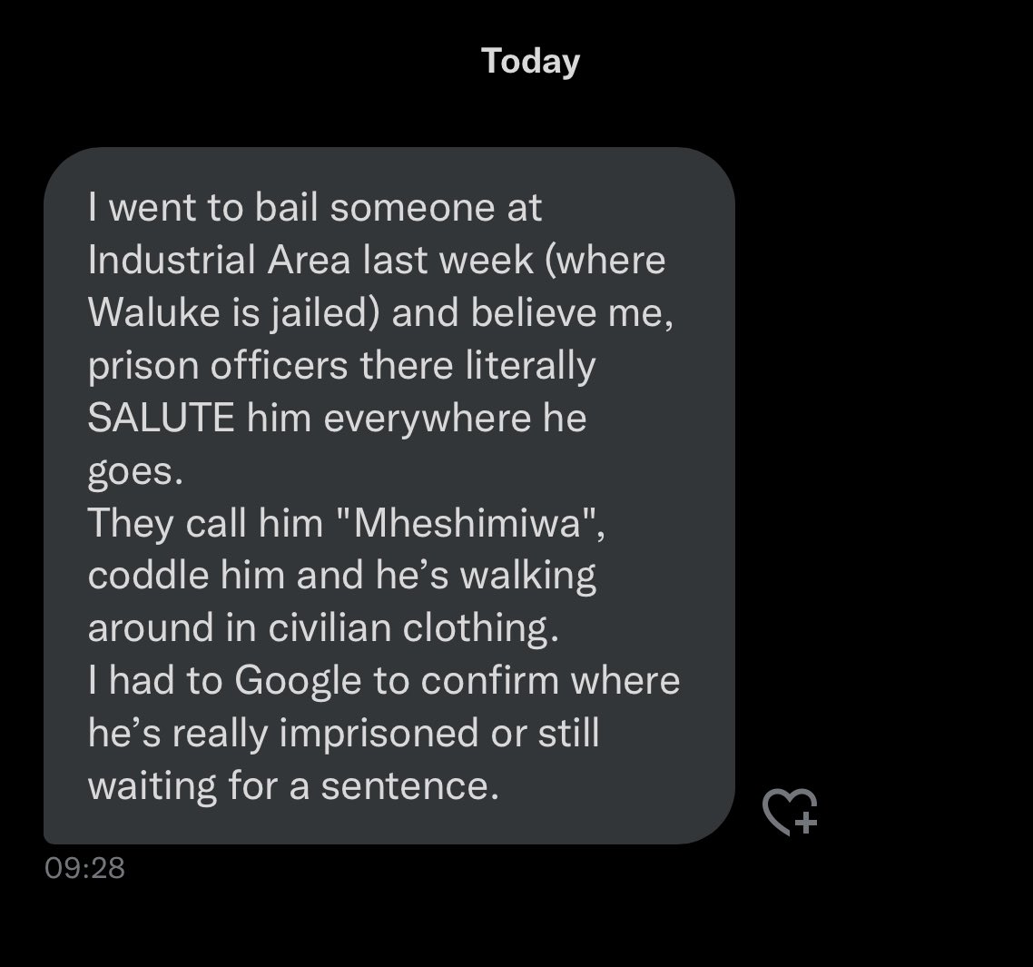bonifacemwangi's tweet photo. Waluke the criminal is getting VIP treatment in jail. Raila is out here embarrassing himself asking the court to release a convicted criminal. Jubilee party has nominated a convict to a parliamentary committee. My outrage at this impunity can't be expressed in a tweet. I kiff up https://t.co/tlSfup2DfP