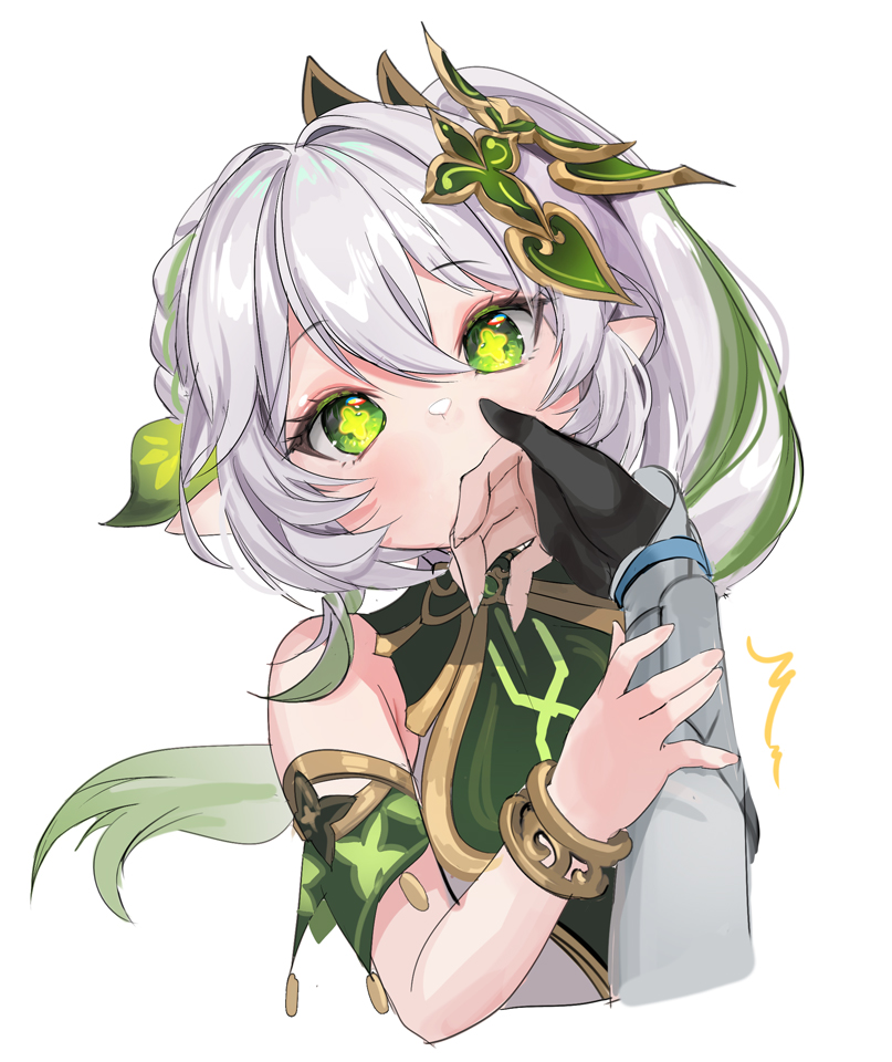 lumine (genshin impact) ,nahida (genshin impact) multiple girls 2girls green eyes pointy ears white background hair ornament gloves  illustration images