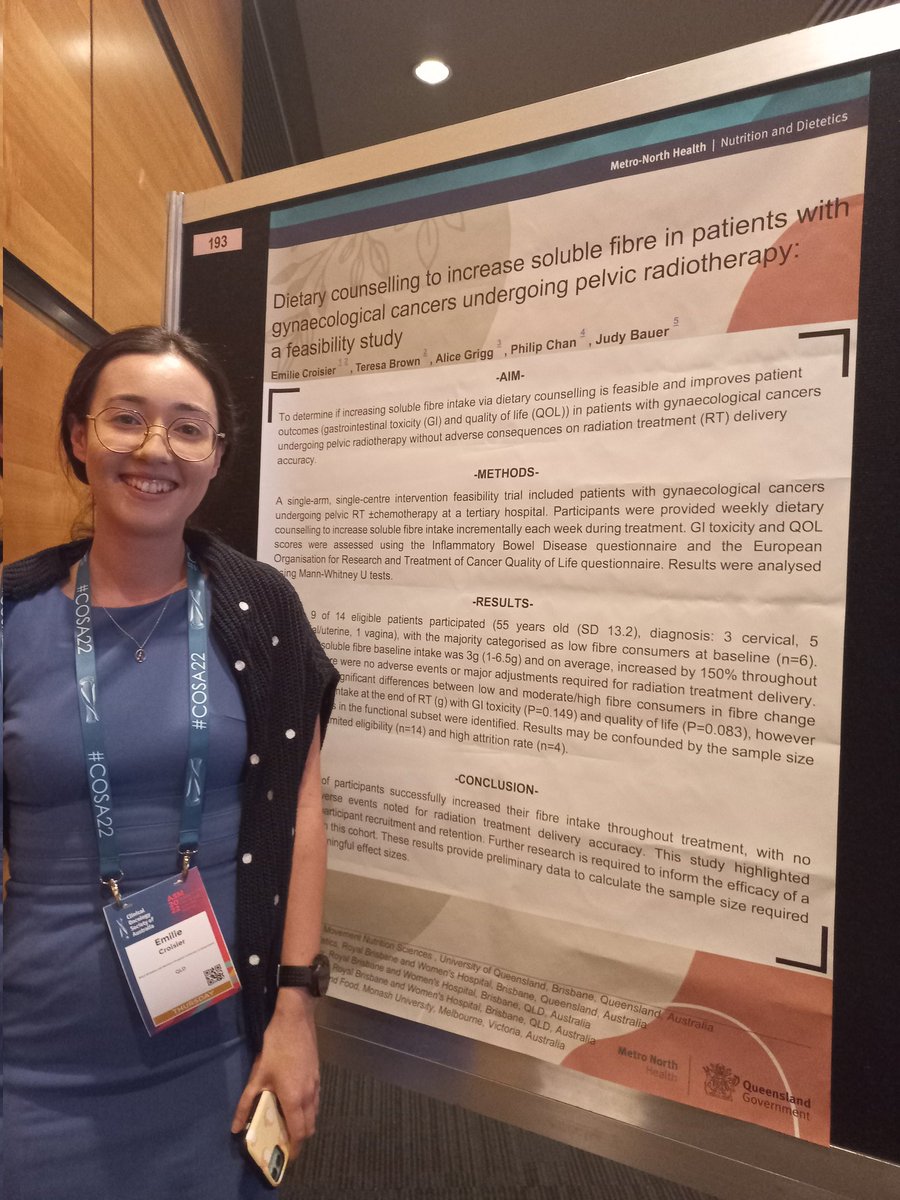 Check out <a href="/CroisierEmilie/">Emilie Croisier</a>'s poster at this afternoons #COSA22 poster session - Dietary counselling to increase soluble fibre in patients undergoing radiotherapy for gynae cancers <a href="/COSAoncology/">COSA</a> <a href="/ProfJudyBauer/">Judy Bauer</a>