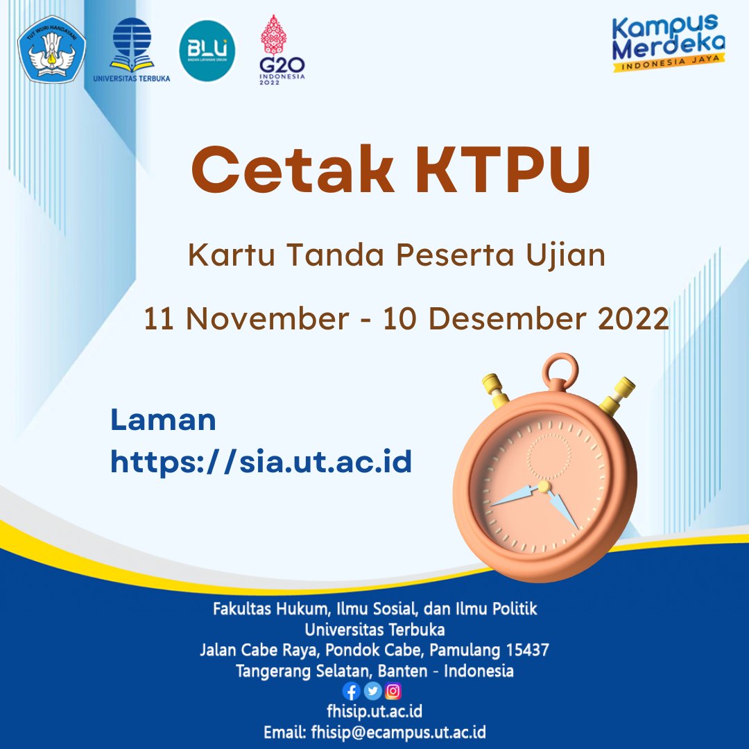 utfhisip's tweet photo. Pencetakan Kartu Tanda Peserta Ujian (KTPU)
11 November – 10 Desember 2022
Laman : https://t.co/D6LF7t8xMj

Pantau Kalender Akademik : https://t.co/2NhhjYgiRK

Pelaksanaan UAS 2022.2 hubungi Kantor UPBJJ-UT : https://t.co/5r3p5x5IRx

#ktpu #kartutandapesertaujian #uas #infoUT https://t.co/gzSzKLH5AE