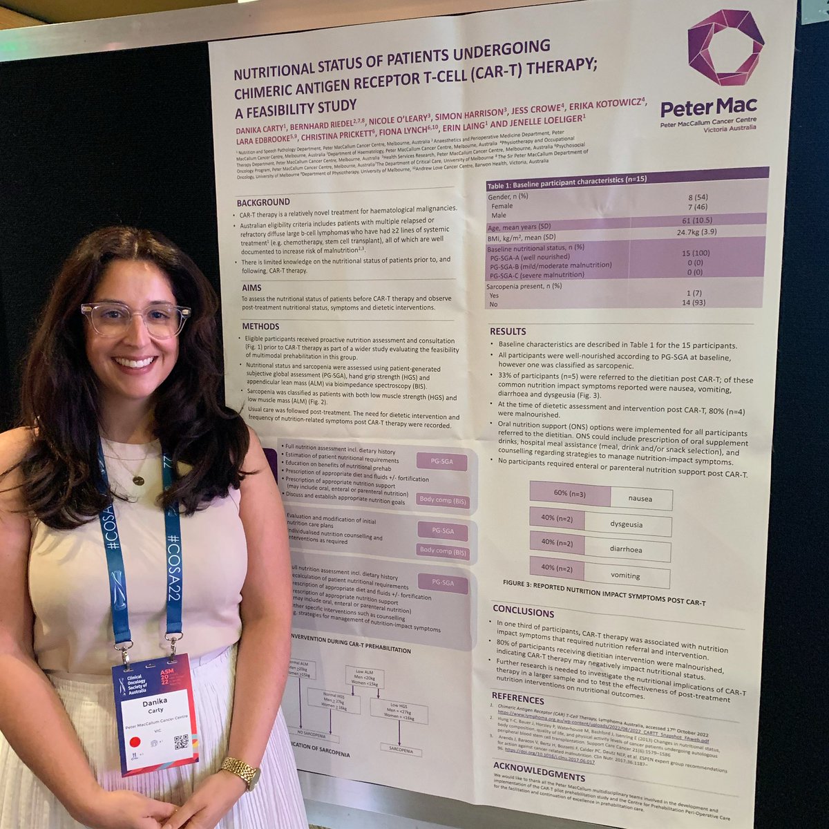Honoured to present this poster at #COSA2022 on nutritional status of patients undergoing CAR-T therapy as part of a wider multi-D prehabilitian study at Peter MacCallum Cancer Centre #haematology #oncology