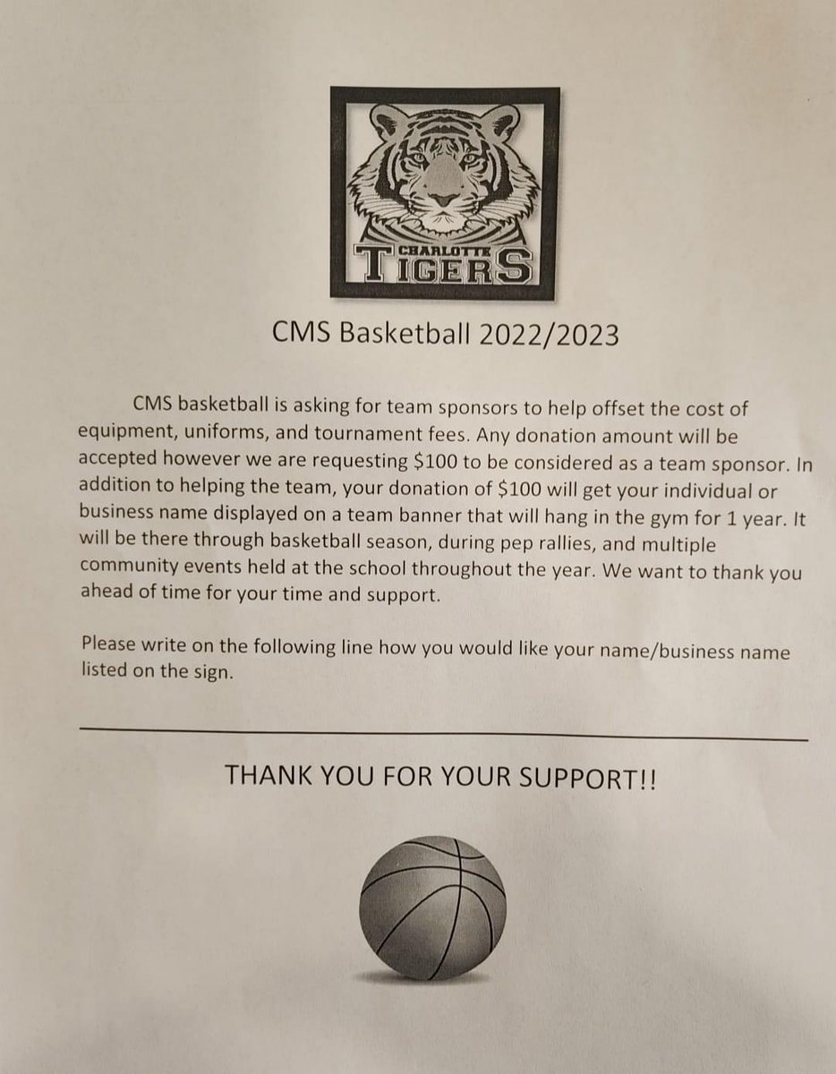 Allie is looking for some sponsors for her and her teammates <a href="/Tigerscms/">Charlotte Middle</a> 🏀
$100 will get your name or business’s name on a banner that will be up for 1 year in the CMS gym. Please let me know if you would be willing to help the girls out. #TigerPride