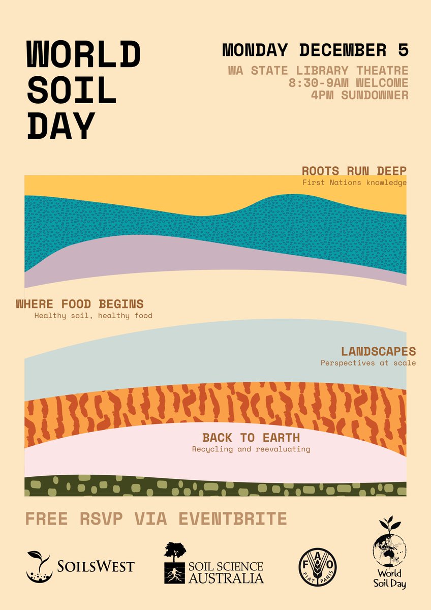 Celebrate World Soil Day at the State Library of Western Australia on Monday Dec 5! Hear eye-opening perspectives from researchers, industry and students across four themes 🗣️ Complementary catering and sundowner - all free! Details and RSVP ➡️bit.ly/wsd-22