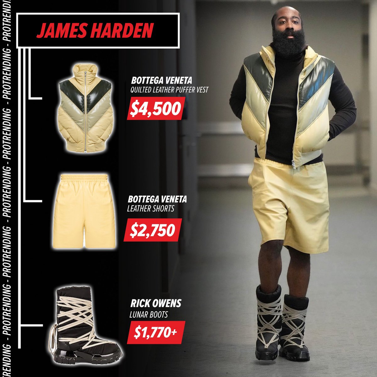 Protrending's tweet photo. #JamesHarden arriving Wednesday night in a #BottegaVeneta puffer vest &amp; shorts, paired with #RickOwens lunar boots ahead of #Sixers x #Wizards game. 
#protrending #stylelikeapro #nbastyle
(📷 @sixers) https://t.co/bXeHPhIrve