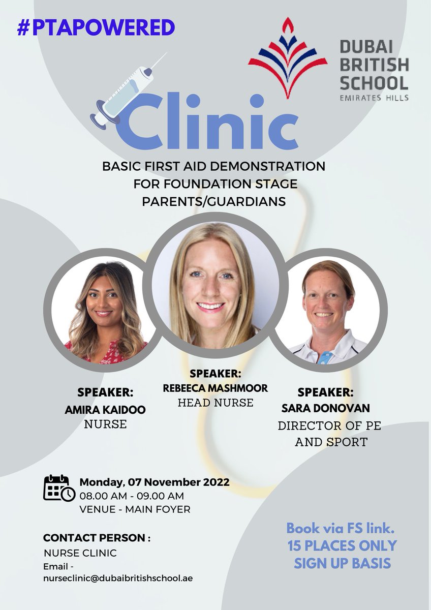DubaiBritishEH's tweet photo. A reminder to sign up to our First Aid Training led by our school nurses and director of PE.
Monday, 7 November at 08.00AM in the DBSEH foyer.
See you there!
Parental Engagement #BeginsAtDBSEH
#PTAPowered #ProudlyTaaleem https://t.co/QLSNbKCvjw