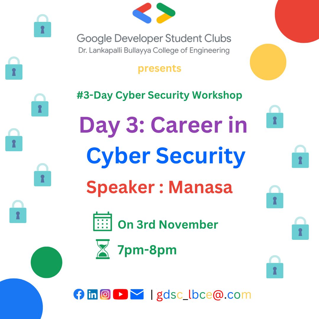 GdscLbce's tweet photo. Hello folks👋
In this last session, we will be knowing about the career paths and opportunities in cyber security.🌐

The session will be on Nov 3rd, 2022.🗓️
From 7pm onwards🕖
To join the 3/3 session, RSVP Link:https://t.co/OlNBVioFfB

#gdsc_lbce #Developer #cybersercurity https://t.co/tzjO2KU41h