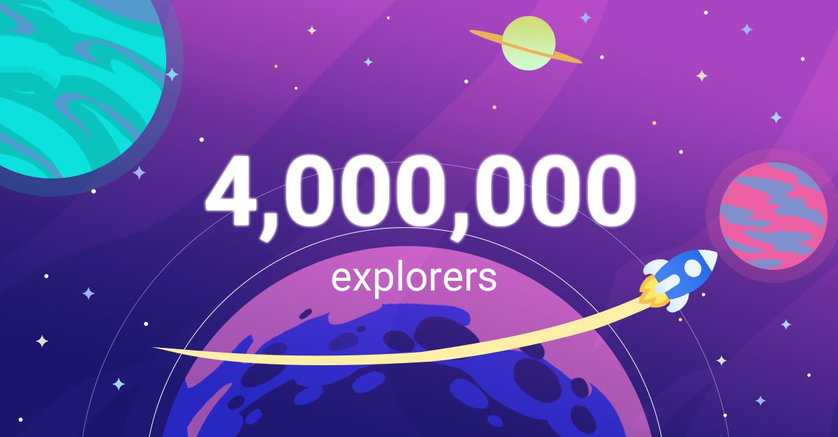Starnetworkdefi's tweet photo. <4 Million Explorers Worldwide>
Explorers, we are excited to let you know that the Star Network global community has hit the 4-million mark today! Let’s keep it growing! https://t.co/PupgxHK9vO