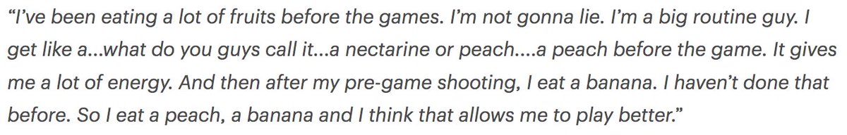 I just asked Giannis what he attributes to his strong start to the season.

"I've been eating a lot of fruits before the games. I'm not gonna lie."

Nectarines, peaches, and now bananas are fueling the two-time MVP to one of the best starts of his career.