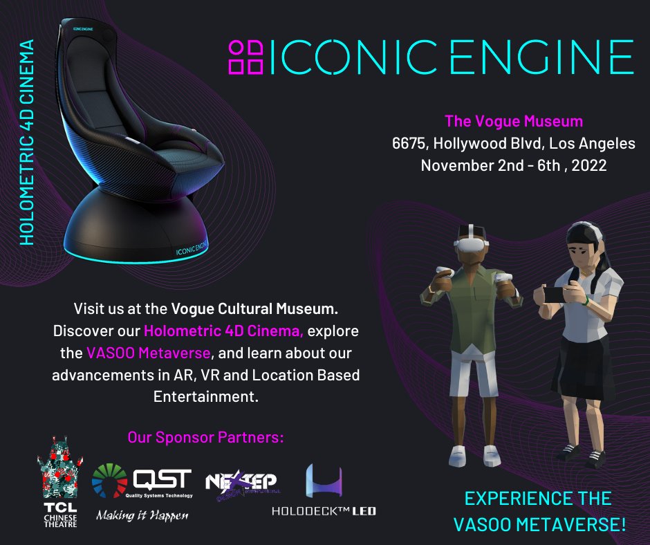 iconic_engine's tweet photo. Join us at our Open House happening in the famous Vogue Museum in Hollywood. We are going to be showcasing our Holometric #4D #Cinema, the Vasoo #Metaverse, and other premium #XR products.

#infinityfestival #afi #afm2022 #metaversedevelopment #nftcommunity #holodeck  #AR #VR https://t.co/rBOyDiJdSa