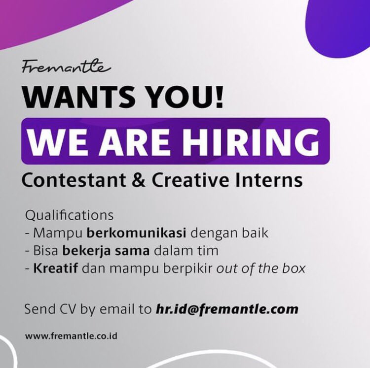 Fremantle Indonesia (@fremantle_id) on Twitter photo NOW HIRING:
Contestant & Creative Interns
Send your CV to hr.id@fremantle.com 📩
Subject: Internship - Full Name
Buruan kirim CV terbaikmu & jadilah bagian dari #FremantleID 🙌🏻
#FremantleHiring #Internship NOW HIRING:
Contestant & Creative Interns
Send your CV to hr.id@fremantle.com 📩
Subject: Internship - Full Name
Buruan kirim CV terbaikmu & jadilah bagian dari #FremantleID 🙌🏻
#FremantleHiring #Internship