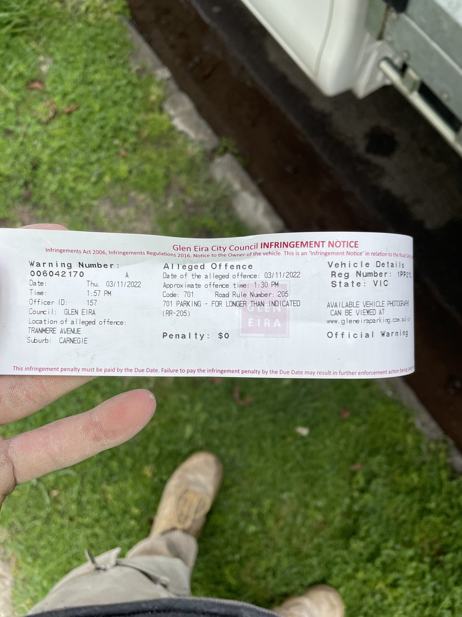 This is what it’s all about. A parking fine could’ve sent me to a corner on Grey street after my weekend on the punt. Let’s normalise warnings for parking tickets.