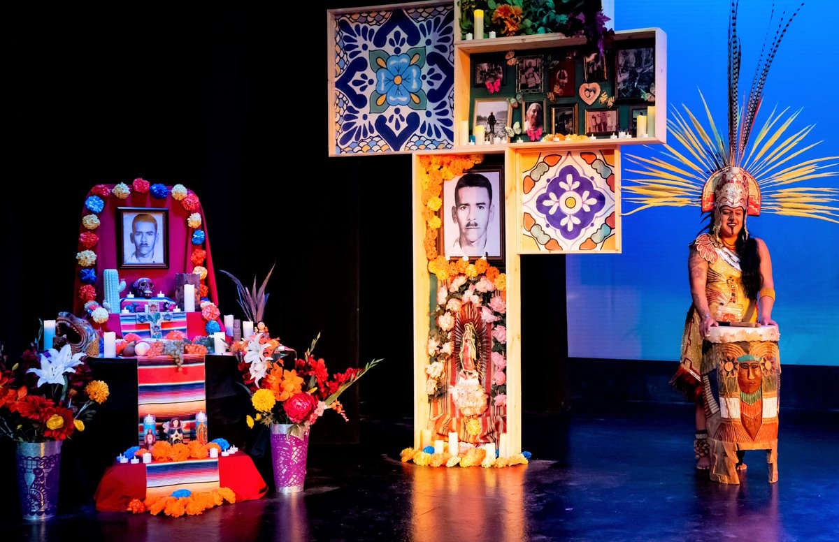 Feliz Día de Muertos 🌺💀🌹
Pictured: Irma Tellez of the Teokalli Aztec Dancers performs near a Day of the Dead ofrenda in "Dreams Have No Borders," our new chamber opera film slated for release in 2023.
Scenic design by @TizianaDRovere | Photo by Chava Florendo
 #DiaDeMuertos