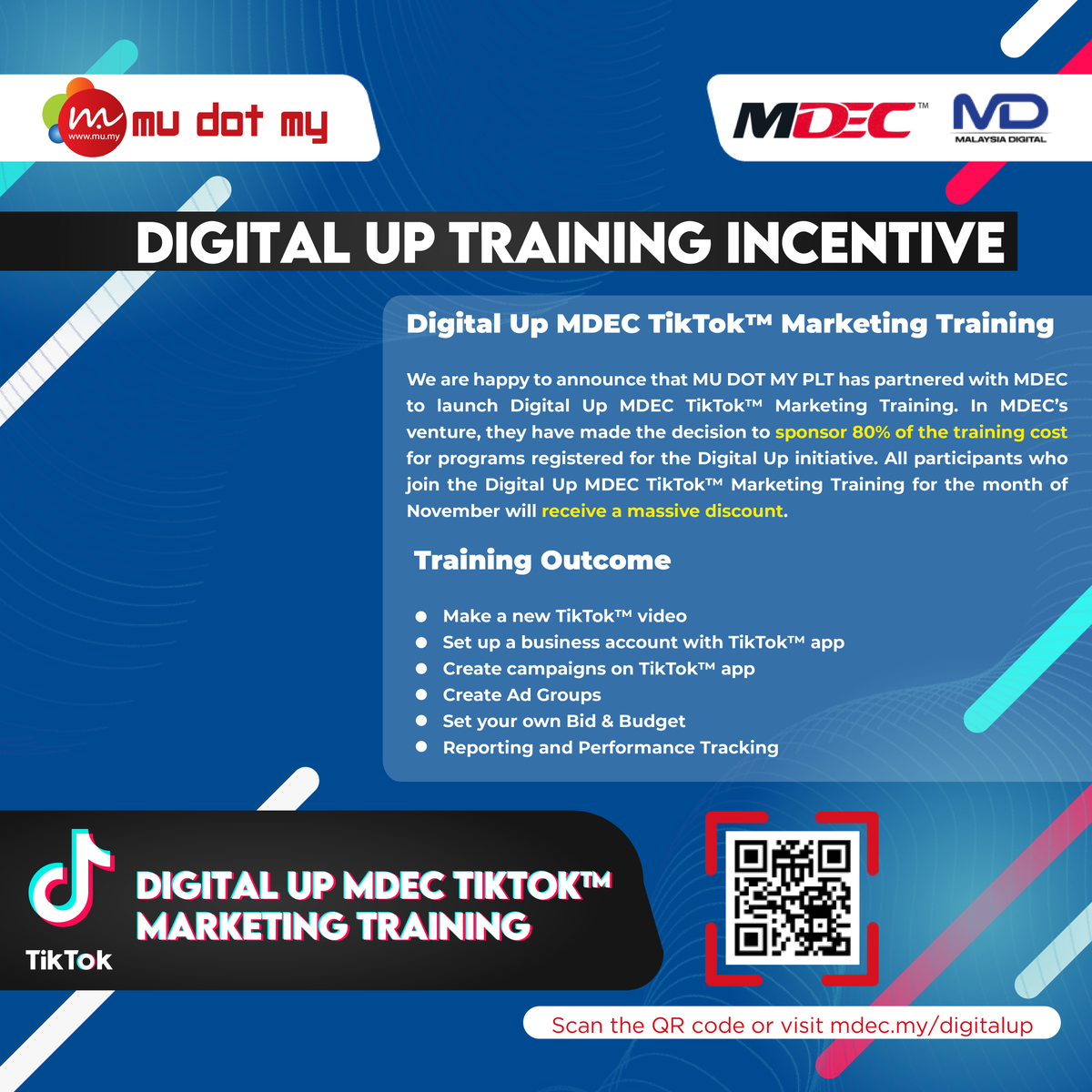 mudotmy's tweet photo. To all working Malaysians aged between 21-55  years old! MU DOT MY PLT has launched a TikTok™ Marketing Training program as part of MDEC's Digital Up initiative. For those interested in upskilling themselves, click the link below!

https://t.co/JTCEtiAO8C

#MUDOTMY
#MDEC
#TikTok https://t.co/xnMqlLcAcI