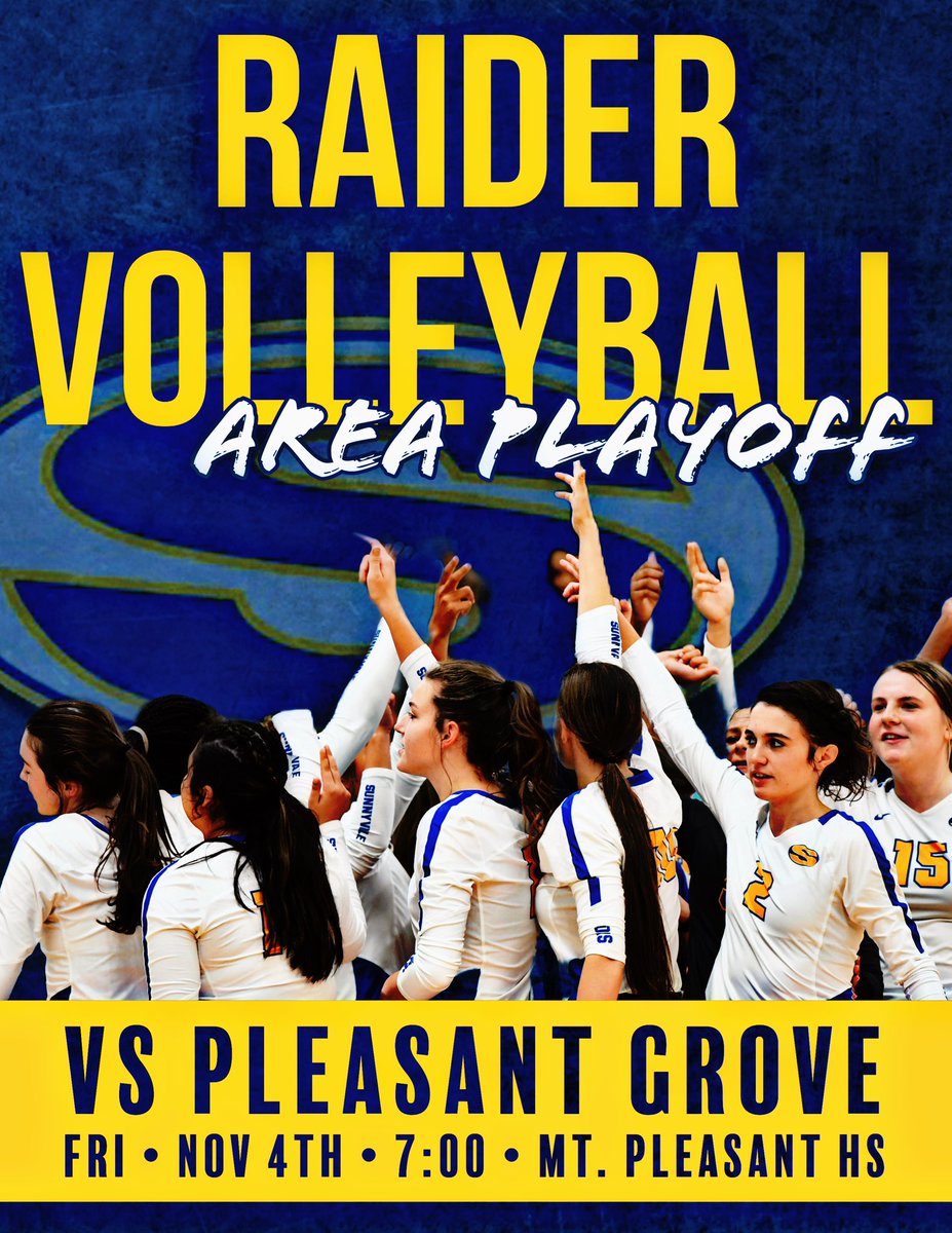 RAIDER VOLLEYBALL • Area Playoff 
vs Pleasant Grove, Texarkana

Fri • Nov 4th • 7:00 
Mt. Pleasant High School
2110 N Edwards Ave
Mt. Pleasant, TX. 75455

BE THERE!