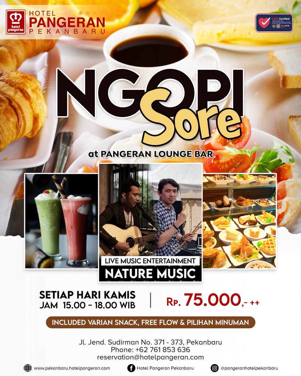 PangeranHotel's tweet photo. Di buka HARI INI😍
NGOPI SORE di Pangeran Lounge BAR 😍
Setiap KAMIS, 
Jam 15:00 - 18:00 WIB
Harga IDR 75.000,- ++
➡️ Live music entertainment "NATURE MUSIC"
➡️ Sudah termasuk varian snack, free flow dan pilihan minuman

For reservation 👇
📱 Mr. Sigit 0822318954255 https://t.co/exOUronJqK