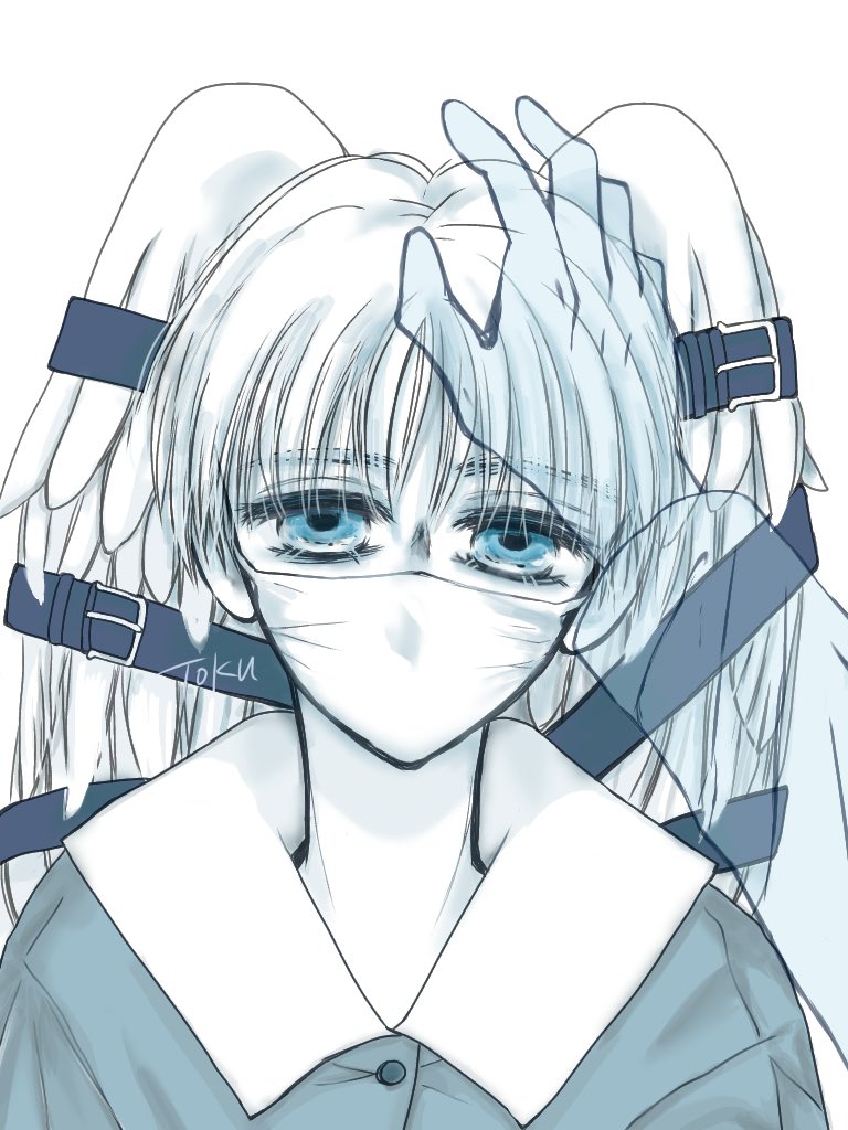 1girl blue eyes looking at viewer mask white background long hair mouth mask  illustration images