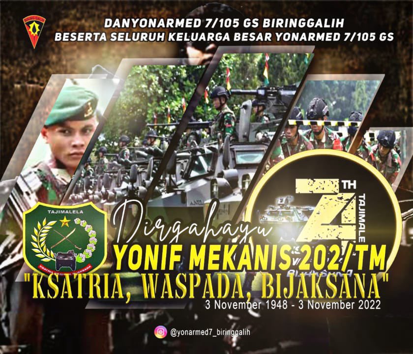 Yonarmed_7's tweet photo. Komandan Batalyon dan Keluarga Besar Batalyon Artileri Medan 7/105 GS mengucapkan Dirgahayu ke 74 Yonif Mekanis 202/Tajimalela.

“Ksatria, Waspada, Bijaksana” https://t.co/WRwxPIf9fq
