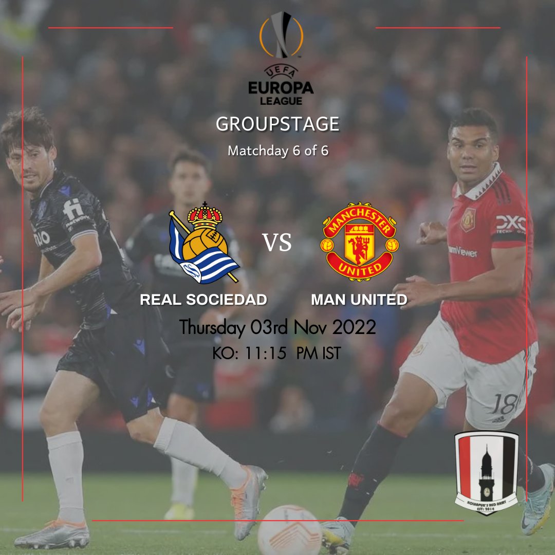 MUFC_Kolhapur's tweet photo. A matchday which carries a lot of importance in the Europa league. An early kickoff against Spanish club Real Sociedad away from home before the knockout fixtures begin. Let us keep cheering the boys as we need the momentum by our side. Come on United! https://t.co/i7q6Wk0Ph1