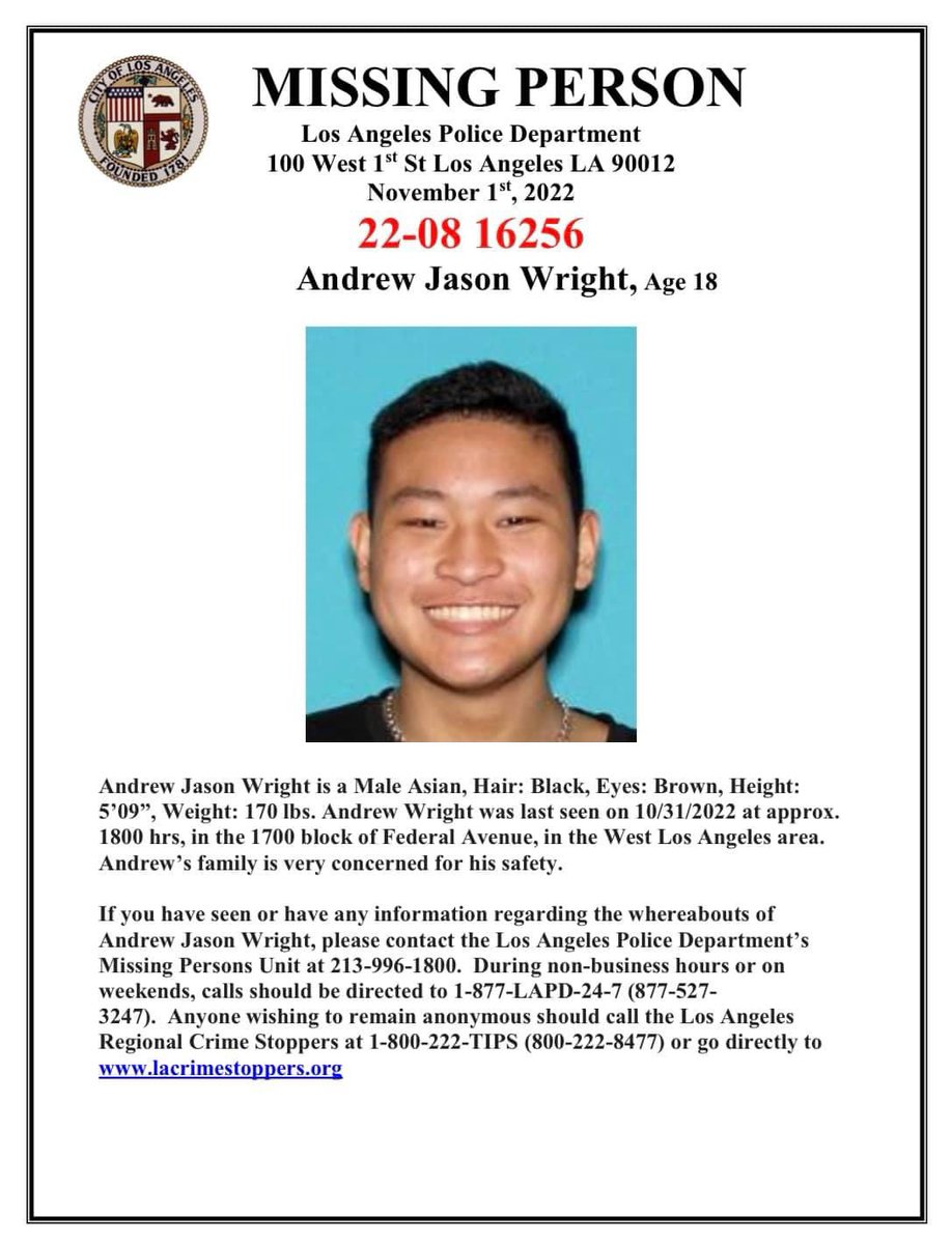 angryasianman's tweet photo. MISSING: 18-year-old Andrew Jason Wright was last seen on Sunday evening in West LA. https://t.co/1cjO1UpXry https://t.co/ITgFMcsXfS