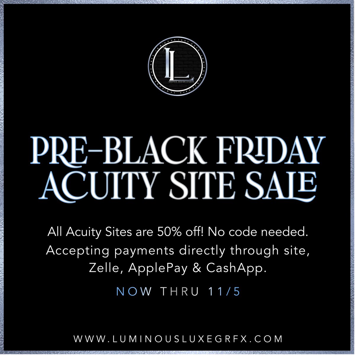 LuminousLuxGRFX's tweet photo. Where are all the Night Owl beauty biz owners? 🦉👩🏽‍💻Pre-Black Friday Acuity Site Revamp Sale, you don’t wanna miss this! 

All Acuity Site Revamps are now $50 until 11/5 (reg. priced at $100) Accepting all payment methods! 💰

👩🏽‍💻 https://t.co/E5eYxlpt8m https://t.co/wrPKuxfLmq