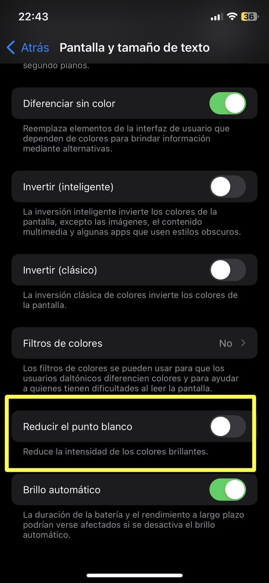 @nndres_ Se soluciona así: >>Configuración >>Accesibilidad >>Pantalla y tamaño de Texto >>Activas “Reducir el punto blanco. Y listo🫣.