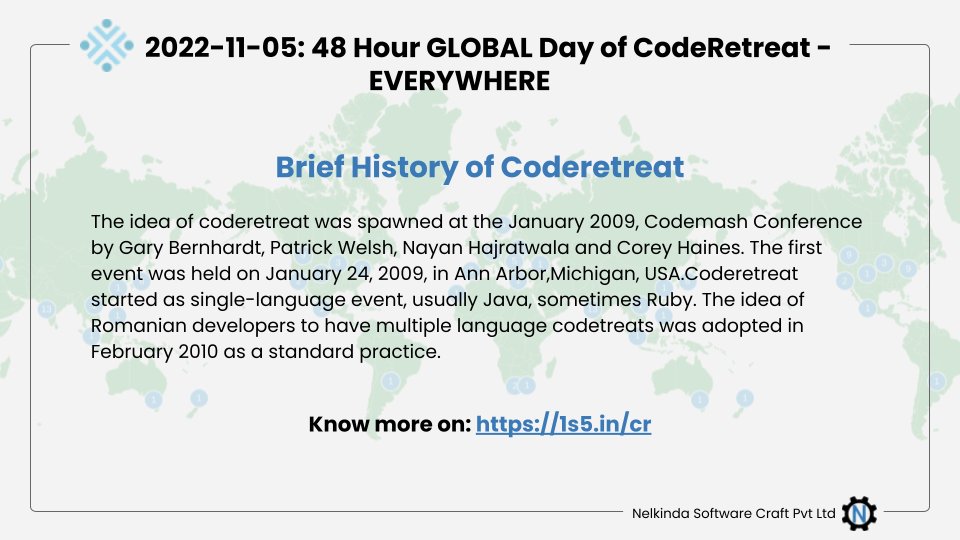 nelkinda's tweet photo. A quick look at the history of #Coderetreat!
Know more about #GDCR2022 on: https://t.co/yHFdl8IEva
#coding #global #pair_programming #mob_programming #annual_event #test_driven_development
@christianhujer @SiddheshNikude  @SalunkeBhavesh  @anshulxyz https://t.co/9xJIegvaJJ