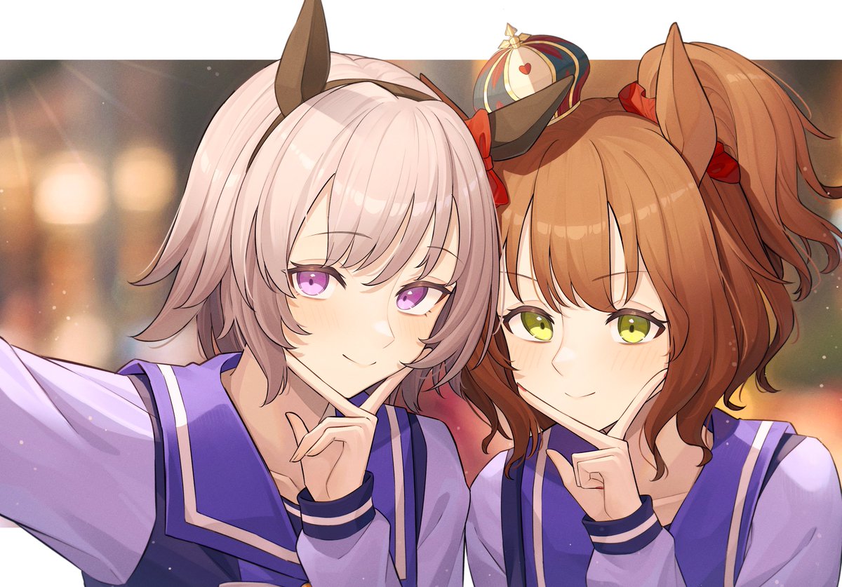 curren chan (umamusume) multiple girls 2girls animal ears horse ears smile school uniform green eyes  illustration images