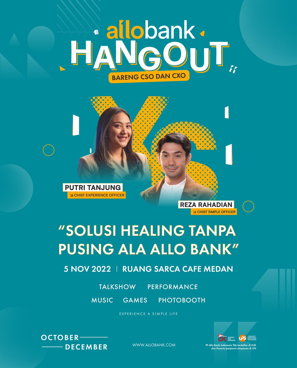 AlloBankID's tweet photo. Butuh healing tapi gak mau pusing?

Sini, Mimin mau ajakkin 50 Allo Friends untuk ngobrol seputar healing bareng sama Putri Tanjung dan Reza Rahadian di Allo Bank Hangout Goes to Medan!

Mau? Cuuuus, ikut giveaway-nya di Instagram Allo Bank👇
🔗https://t.co/Rf7phjRyRz https://t.co/SG9rXGvsJW