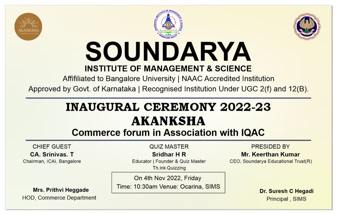soundaryaedu's tweet photo. We cordially invite you all for inauguration of " AKANKSHA "-Commerce Forum on November 4th 2022 at SIMS, Ocarina.
#soundaryainstitutions #commerceform #commercestudents #collegelife #studyinkarnataka https://t.co/Ii77Zb7wqX