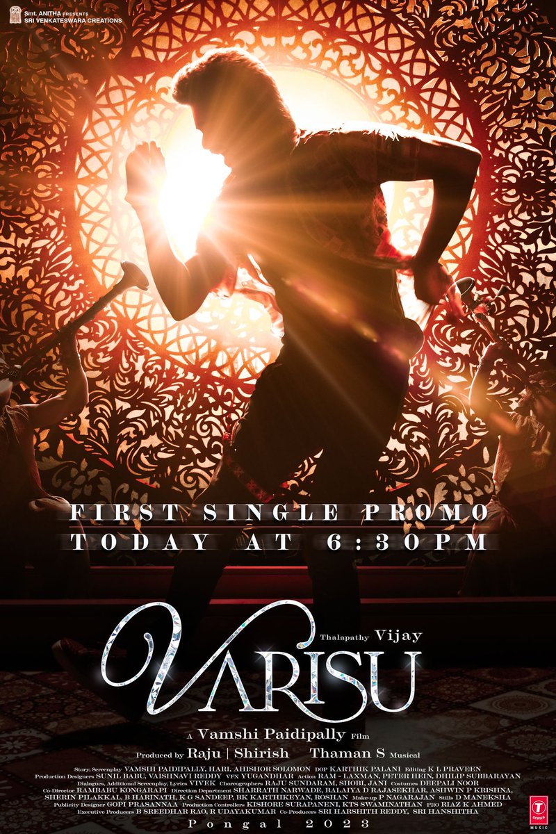 The much-awaited #VarisuFirstSingle promo is releasing Today at 6:30 PM 💥 Stay Tuned nanba 🥁 #Thalapathy @actorvijay sir @directorvamshi @iamRashmika @MusicThaman #BhushanKumar #KrishanKumar #ShivChanana @TSeries #Varisu #VarisuPongal