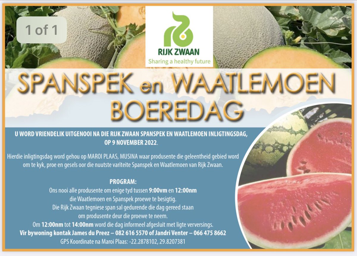 RijkZwaanZA's tweet photo. Rijk Zwaan Suid-Afrika bied hulle jaarlikse Waatlemoen en Spanspek boeredag aan in Musina. Die nuutste Rijk Zwaan variteite sal bekendgestel word. Inligting op aangehegte advertensie. #sharingahealthyfuture https://t.co/dsbijdpeSd