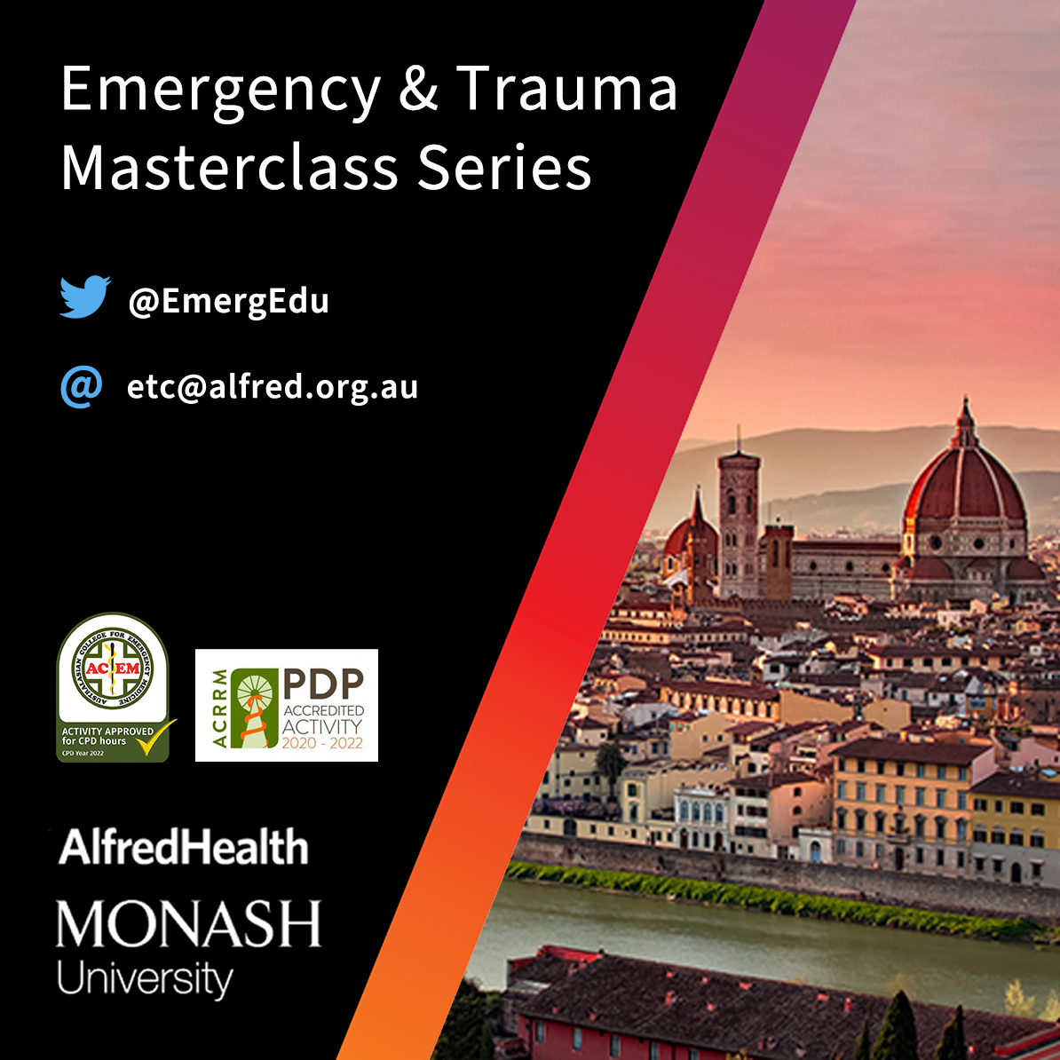 Register now for our Emergency &amp; Trauma Masterclass Series which returns to the picturesque town of Prato, Tuscany, Italy in May 2023!  
Click the link to register and find out more: tinyurl.com/y34m29f6
<a href="/AProf_Smit/">De Villiers Smit</a> <a href="/prof_cameron/">Prof. Peter Cameron</a> #MedEd