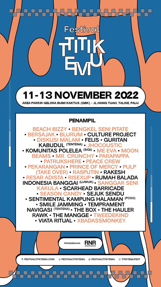 🥁🥁🥁🥁🥁🥁 INI DIA! BARISAN PENUH PENAMPIL MUSIK FESTIVAL TITIK TEMU! 🕺🏼🎸🎹🎶🎷🔊

🎪 FESTIVAL TITIK TEMU
🗓 Jumat-Minggu, 11-13 November 2022
📍 Area Parkir Gelora Bumi Kaktus (GBK) Palu

#FestivalTitikTemu #FTT2022