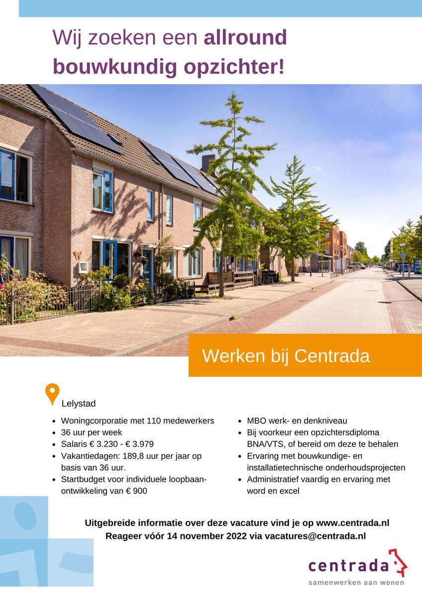 centradawonen's tweet photo. Wil jij samen met je collega's zorgen voor een fijne en veilige woonomgeving voor onze huurders? Dan hebben wij een mooie uitdaging voor jou! Centrada zoekt een allround bouwkundig opzichter. Lees verder https://t.co/lgucdpywLl #vacatures #lelystad  #bouwkunde #installatie https://t.co/4Bxt9S1ZgW