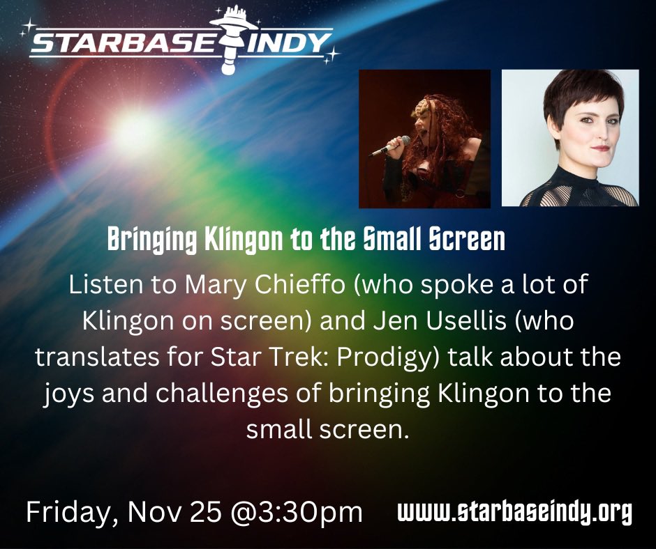 Con countdown continues: 23 days! It’s a one-two Klingon punch! Headliner @marythechief (Chancellor L’Rell, Mother of Klingons) and @KlingonPop take the stage to share their take on the true warrior’s language, spoken in true Klingon! Get your badge at starbaseindy.org/store