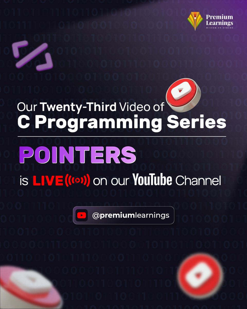 LearningPremium's tweet image. In this video, We are discussing Pointers in C Programming. What pointers are, how to use them with the help of examples.
#cprogramminglanguage #cprogramingtutorials #arithmeticoperators
#learncprograming #programming #technology2022 #ITindia #trendin2022 #pls #premiumlearnings