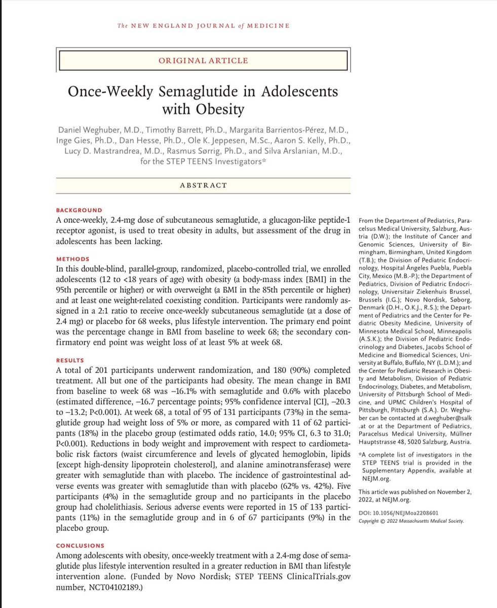 CristobMorales's tweet image. nejm.org/doi/full/10.10… Once-Weekly Semaglutide in Adolescents with Obesity #StepTEENs 2.4-mg dose of semaglutide plus lifestyle intervention resulted in a greater reduction in BMI than lifestyle intervention alone @NEJM #Obesityweek2022 #OW2022 @SociedadSeedo @sociedadSEEN