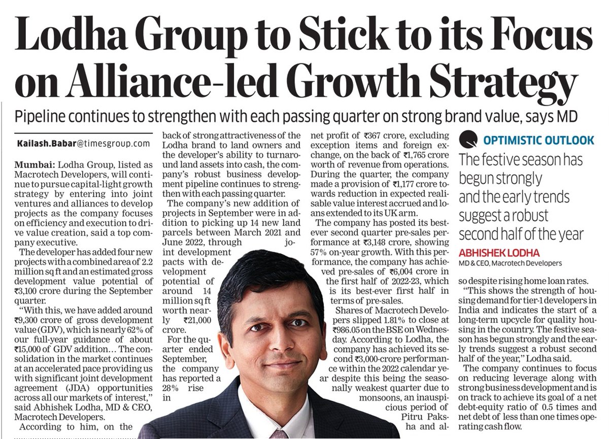 Kailash Babar ET (@kailashbabar_) on Twitter photo #Macrotech, aka <a href="/LODHA/">Lodha</a>, to continue its focus on #alliance-led #growth strategy. Co adds ~Rs 9,300 cr worth projects in FY23 so far, which is ~62% of full-year guidance of Rs 15,000 of GDV addition. economictimes.indiatimes.com/industry/servi… <a href="/EconomicTimes/">Economic Times</a> #realestate #Mumbai #partnerships #Macrotech, aka <a href="/LODHA/">Lodha</a>, to continue its focus on #alliance-led #growth strategy. Co adds ~Rs 9,300 cr worth projects in FY23 so far, which is ~62% of full-year guidance of Rs 15,000 of GDV addition. economictimes.indiatimes.com/industry/servi… <a href="/EconomicTimes/">Economic Times</a> #realestate #Mumbai #partnerships
