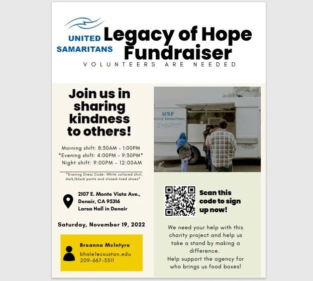 mswstanstate's tweet photo. Happy Wednesday Warriors! We're sharing this wonderful volunteer opportunity for Saturday, November 19th hosted by the United Samaritans Foundation in Stanislaus County. To learn more, visit https://t.co/2Q9SpeZ8cE or contact Breanna McIntyre https://t.co/O8leBabSAc