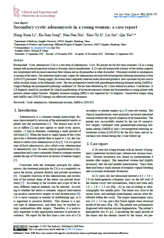 CEOGjournal's tweet photo. #IMR_Press #CEOG #Volume49 #Issue10
"Secondary cystic adenomyosis in a young woman: a case report", just published!
#Cystic_adenomyosis
#Adenomyoma_excision
#GnRH_a
#LNG_IUS
Free full text to read & share:
https://t.co/lg1ujmqULt https://t.co/GKFTEijcnZ