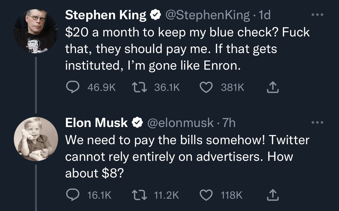 jparashar16's tweet photo. Stephen King worth 500M $ and Elon musk worth 300B$ negotiating over how to save 8$ a month.
#ELONMUSK #ElonMuskBuyTwitter #elonmusktwitter https://t.co/e8ZANLcmbF