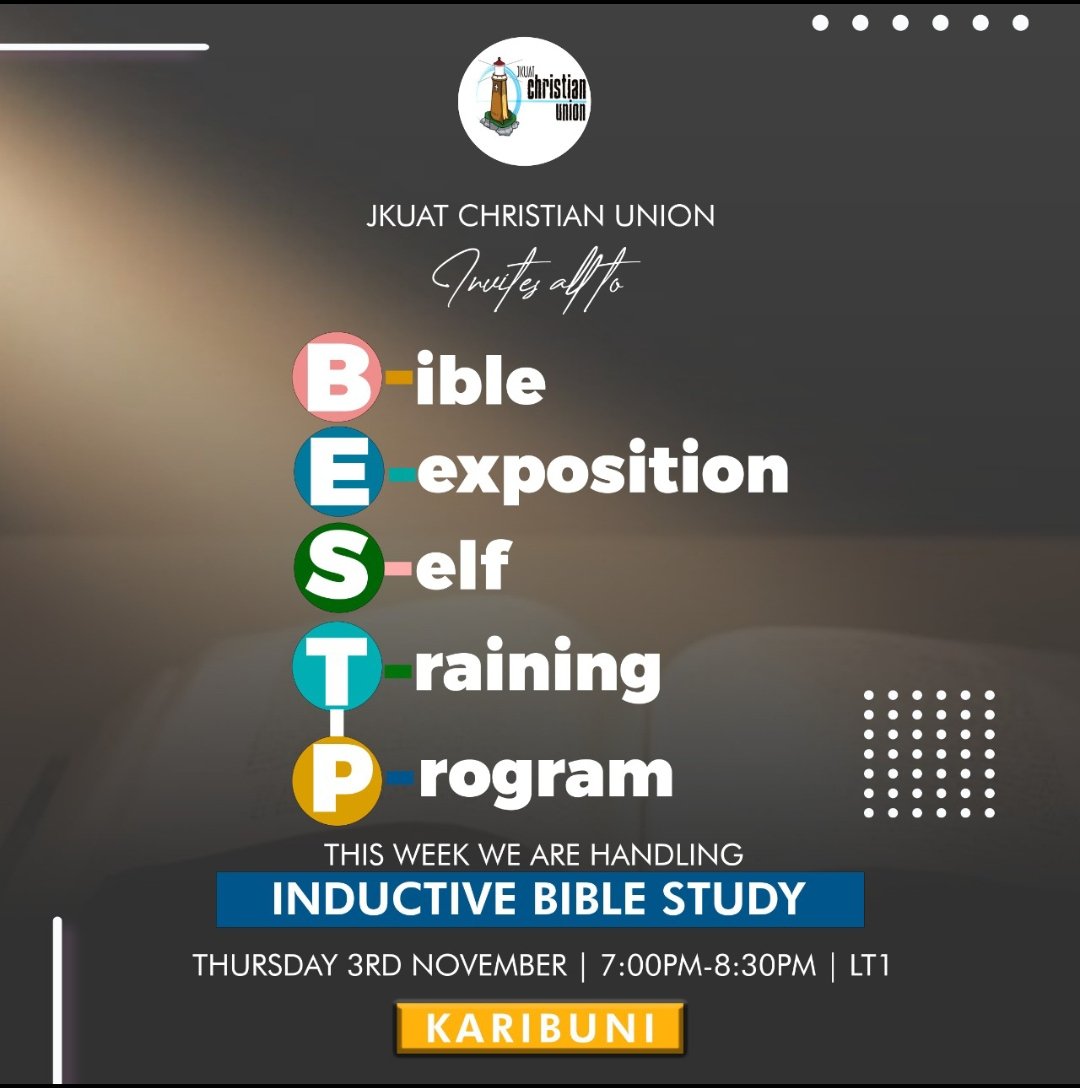 Have you been struggling with studying the Word of God?  Or you've been struggling to answer some difficult questions about the faith?
Bible Exposition Self Training Program is here for you. Join us today.
Topic: INDUCYIVE BIBLE STUDY 
Venue: LECTURE THEATRE 1 
Time: 7-8pm