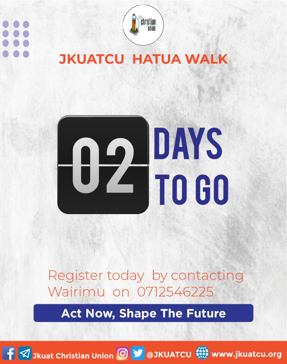 02 DAYS TO GO🥳🥳🥳🥳
Umechukua hatua?
This SATO from 7:30AM -11:00AM we will have a walk from UTALII COLLEGE to FOCUS CENTRE, Kasarani as a way of mobilizing funds for the HATUA PROJECT 
#WalkToShapeTheFuture
#Chukua_hatua
<a href="/focuskenya/">FOCUS Kenya</a>