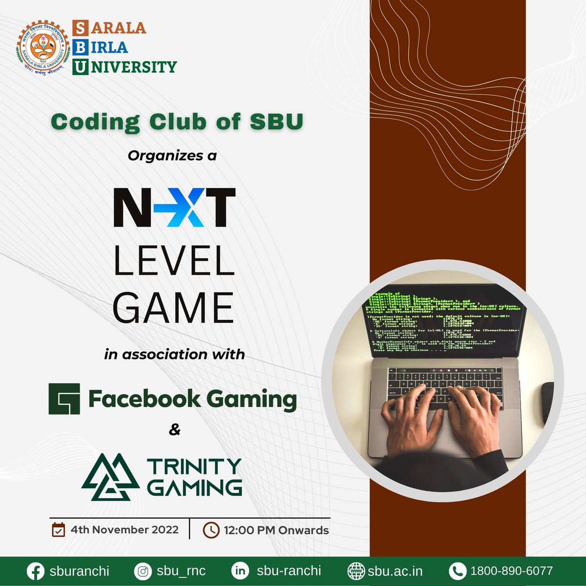 sburanchi's tweet photo. Become professional gamers with the prospect of future revenue streams and careers.
Coding Club of Sarala Birla University, Ranchi organizing a 'Next Level Game' in association with Facebook Gaming & Trinity Gaming.
#sbu #sburanchi #nextlevelgame #facebookgaming #trinitygaming https://t.co/9kVQX9B2St