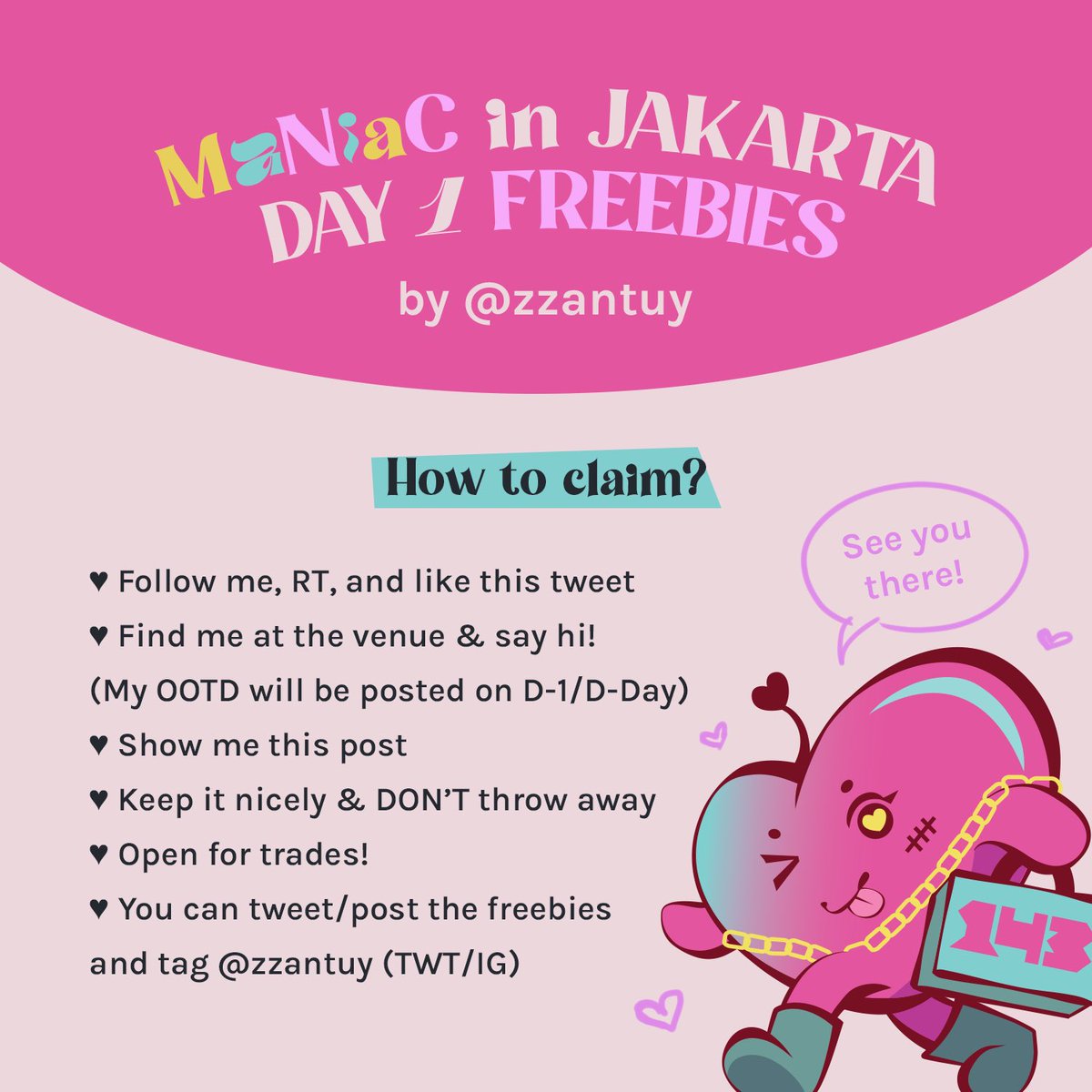 zzantuy's tweet photo. (RTs are appreciated!)

#MANIACinJKT Freebies by @zzantuy 💞

📆 Day 1 : Sat, 12 Nov 2022 (🕐 TBA)
📍 Beach City International Stadium

See you there! 🌟

#2ndWorldTour_MANIAC #straykidsfanart #MAXIDENT #Straykids https://t.co/B12Hqyoios
