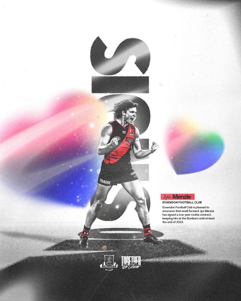 JyeMenzie's tweet photo. Incredibly excited to be signing on for this great club. It’s been an absolute honour to don the sash and I’m looking forward to wearing it in 2023. Thank you to the @essendonfc for this amazing Opportunity. Can’t wait to be apart of this next chapter 🔴⚫️ https://t.co/hXdwp92pZL