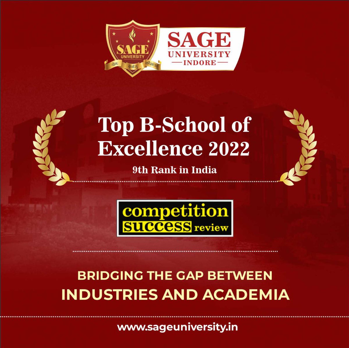 SAGE_INDORE's tweet photo. Incredibly proud and thrilled to announce that SAGE University grabs the 9th Rank in India at the TOP B-SCHOOLS OF EXCELLENCE 2022.
Congratulations on the accomplishment..
.
.
.
.
#sageuniversity #SUI #indore #TheSAGEGROUP #CompetitionSuccessReview https://t.co/mgq4NXxN4p