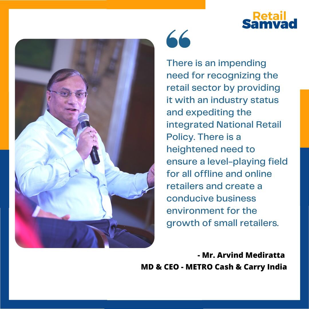 metro_india's tweet photo. Our MD &amp; CEO @ArvindMedi highlighted the need for providing the retail sector with an industry status and expediting the integrated National Retail Policy.

Join us at #RetailSamvad 4.0 where we discuss the future of small retailers in India on 4 Nov 22- https://t.co/0SPIkGl4BE https://t.co/nUzVUjWAsy