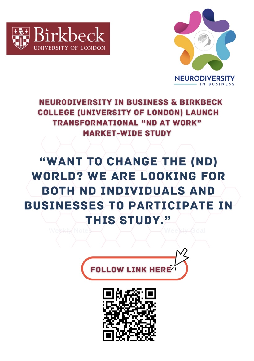 NDinBusiness's tweet photo. 🌟 Today is the BIG ONE as we launch the "Neurodiversity at Work" Market-Wide Research Study! 🌟

👉🏽We are looking for input from both businesses and neurodivergent (ND) individuals. Please respond to the survey by following this link:

https://t.co/SRkrqi4FrV https://t.co/lrZFNHGtZJ