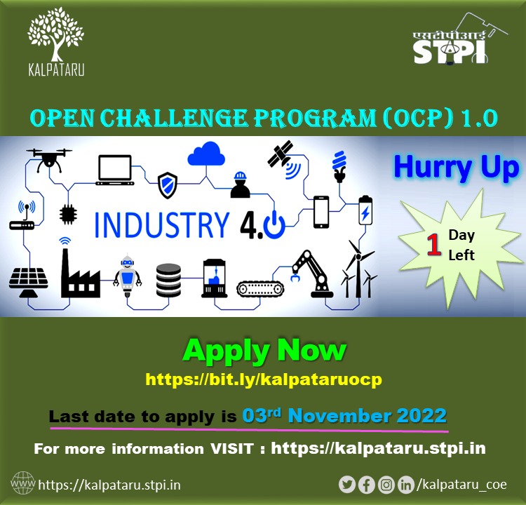 STPI_KALPATARU's tweet image. Hurry up! Last Day for registration! Don&apos;t pass on this one-of-a-kind opportunity. Participate in #OpenChallengeProgram of STPI #KALPATARU_COE for @RINL_VSP Problem Statements Apply Now: bit.ly/kalpataruocp #STPICoEs #STPIINDIA #STPINEXT @arvindtw @stpiindia @stpinext